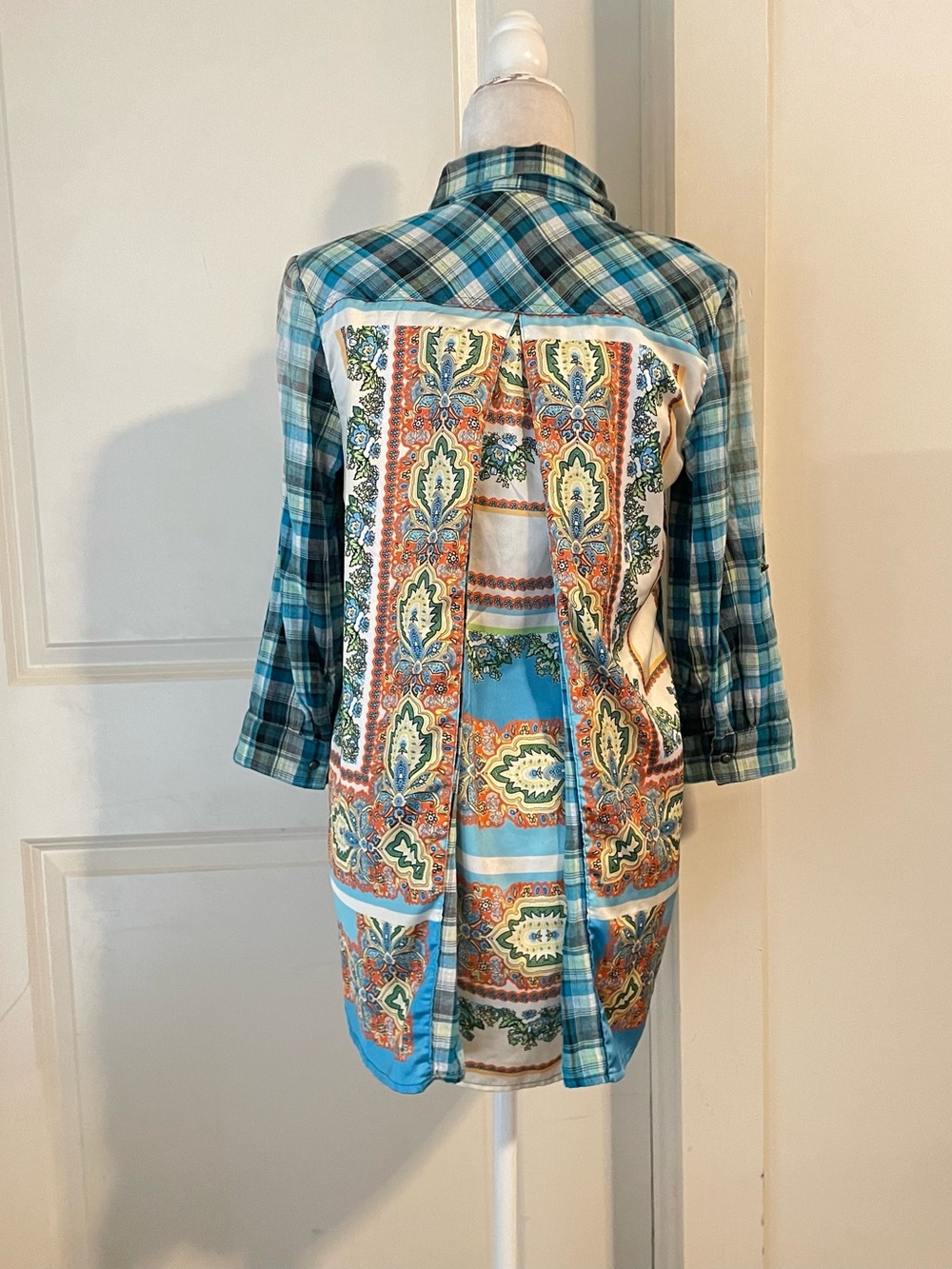 Aratta Silent Journey Blue Plaid  Patchwork Mixed Print Boho Button up Shirt S